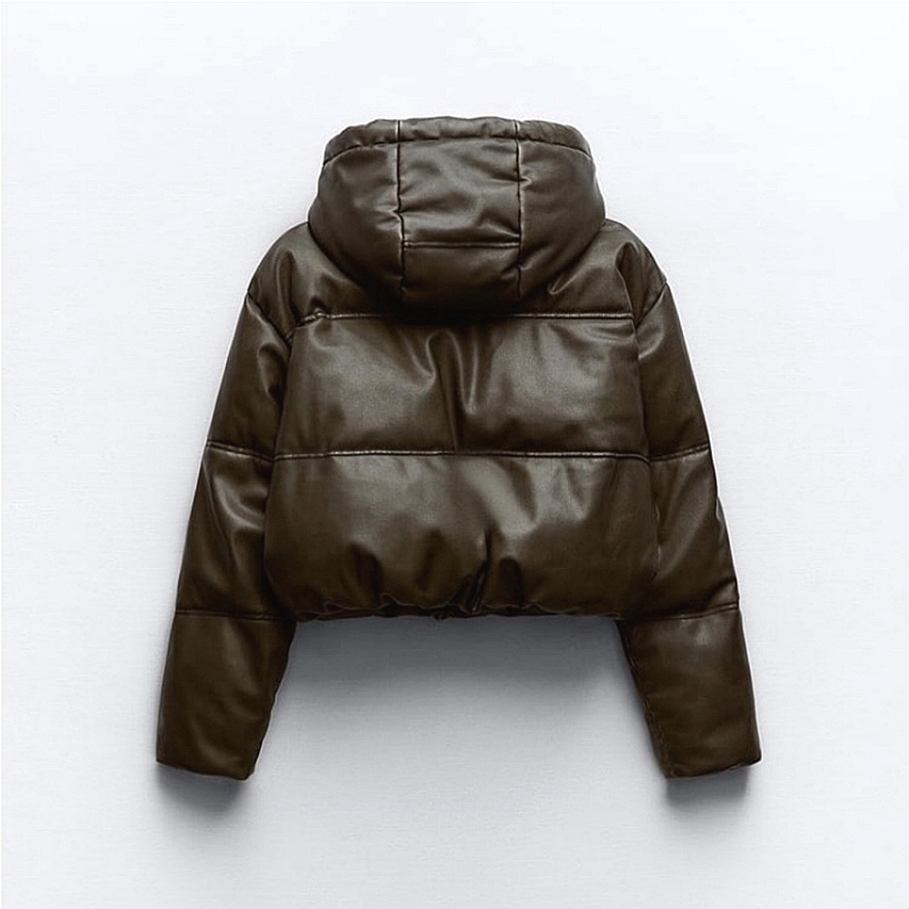 ZARA BROWN CROPPED FAUX LEATHER PUFFER JACKET ✨️SIZE XXL✨️ - Picture 4 of 9
